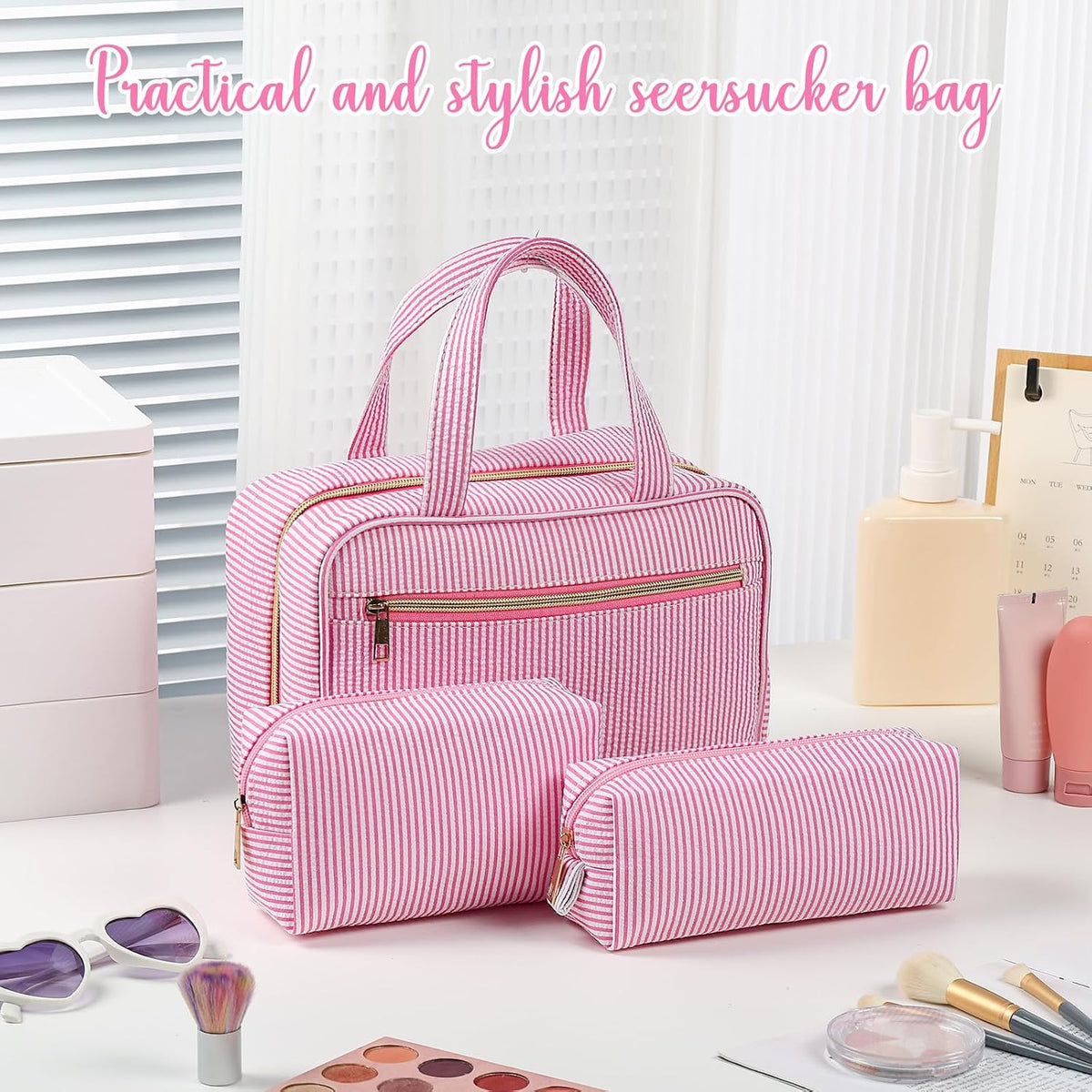 Sanwuta 3 Pcs Seersucker Toiletry Bag Set Stripe Makeup Bag, Rose Red