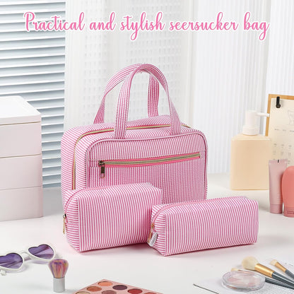 Sanwuta 3 Pcs Seersucker Toiletry Bag Set Stripe Makeup Bag, Rose Red