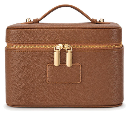 Makeup Bag Travel Toiletry Leather Cosmetic Case, Waterproof Makeup Organizer with Brush Holder, Wipe Clean Removable Divider Vanity Train Bag for Women, Brown Coffe
