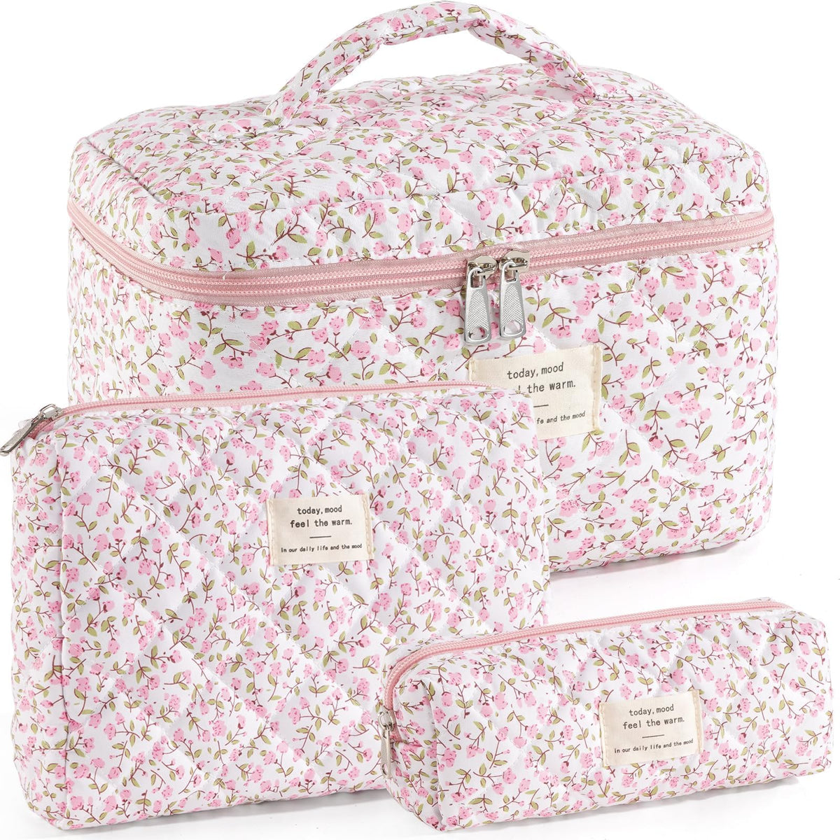 Makeup Bag for Women Quilted Cotton Make Up Bag Travel Cosmetic Bag Large Makeup Bag Cute Makeup Bags Organizer Floral Toiletry Bag Makeup Pouch for Purse, Pink Floral A-1PCS