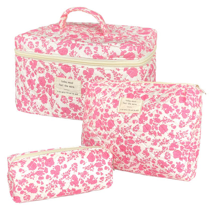 Rose Red Large Quilted Floral Makeup Bag Cute Soft Coquette Aesthetic Cosmetic Bag Cotton Travel Toiletry Bag for Women