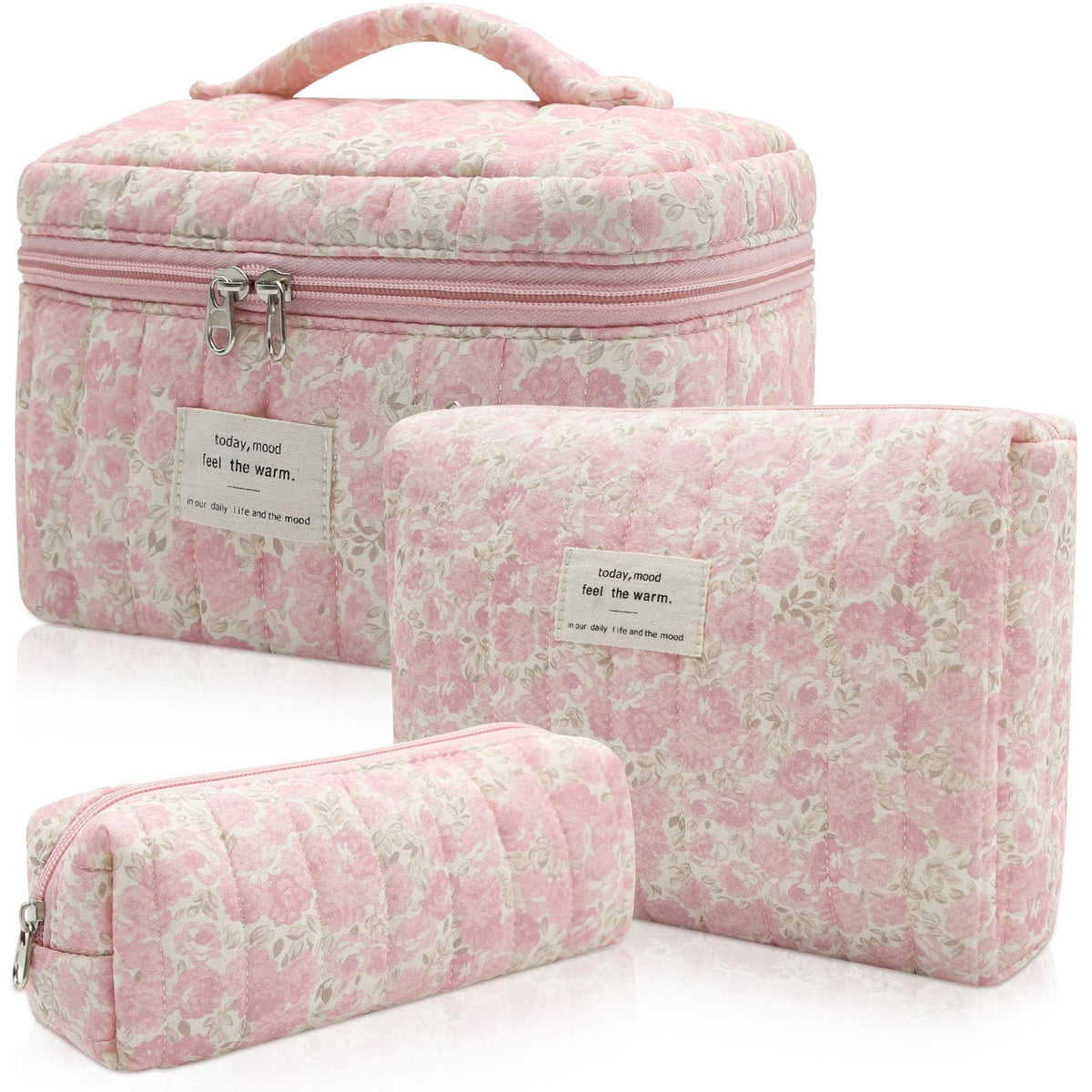 Gosect Makeup Bag Set, Quilted Makeup Bags, Large Floral Cosmetic Bag for Women, Cute Cotton Makeup Bags, Flower Travel Toiletry Organizer Bag (Folk Style)