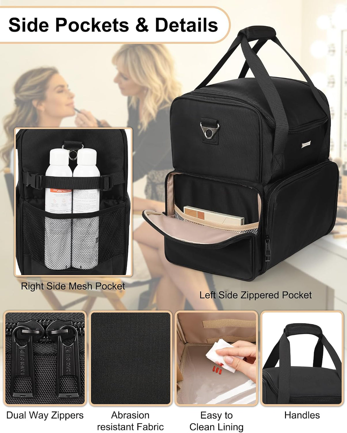 Relavel Large Makeup Bag with 4 Clear Bags, Professional Makeup Artist Bag