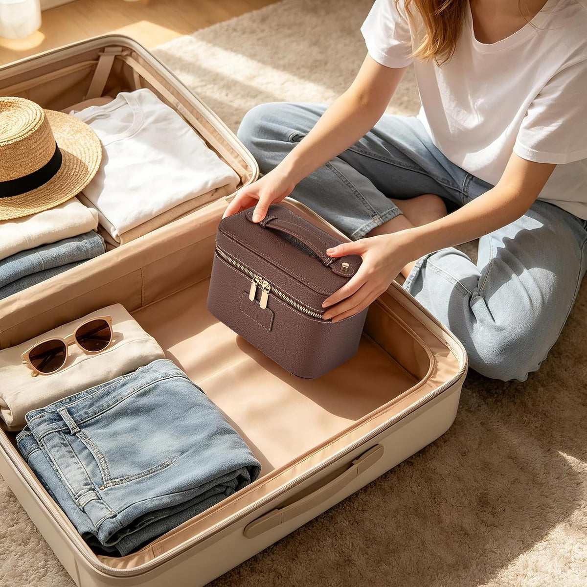Makeup Bag Travel Toiletry Leather Cosmetic Case, Waterproof Makeup Organizer with Brush Holder, Wipe Clean Removable Divider Vanity Train Bag for Women, Brown Coffe