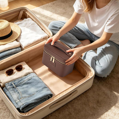 Makeup Bag Travel Toiletry Leather Cosmetic Case, Waterproof Makeup Organizer with Brush Holder, Wipe Clean Removable Divider Vanity Train Bag for Women, Brown Coffe