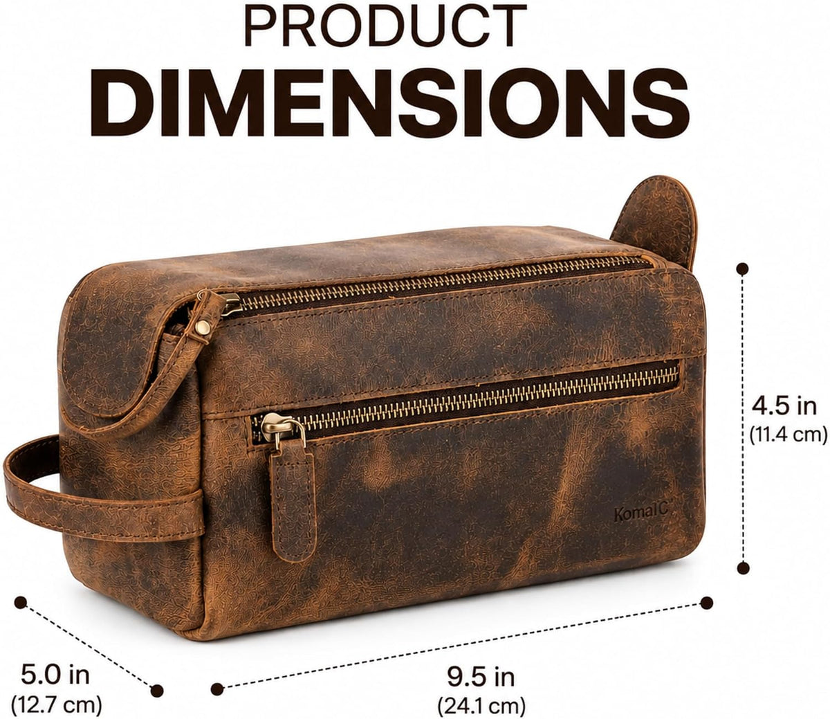 KomalC Buffalo Leather Toiletry Bag for Men & Women, Travel Pouch