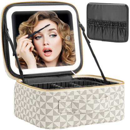 Extrei Gent Makeup Travel Train Case with Mirror LED Light 3 Adjustable Brightness Large Cosmetic Bag Portable Storage Adjustable Partition Waterproof Makeup Brushes Make up Jewelry Gift for Women