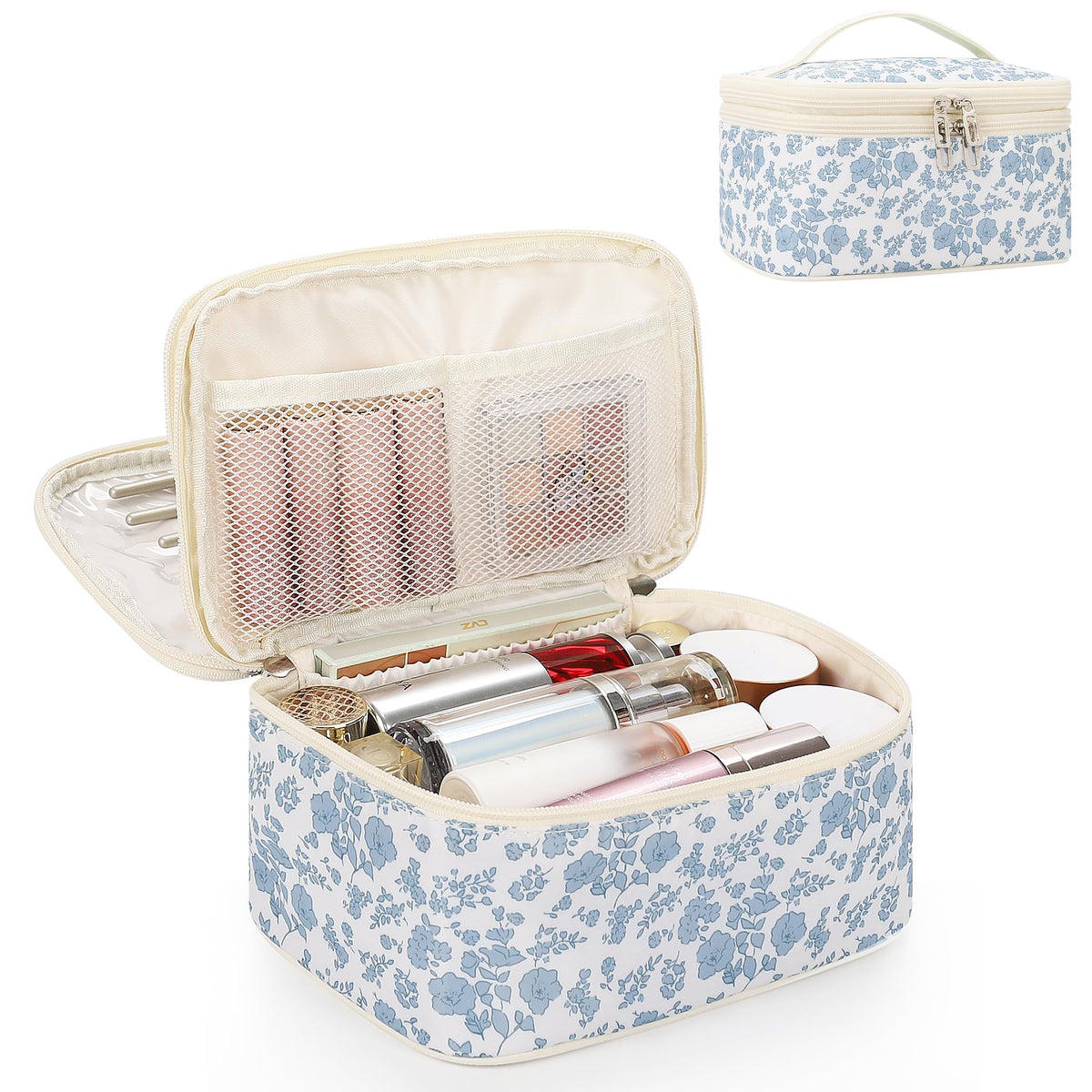 Relavel Travel Makeup Bag, Small Floral Cosmetic Bag with Handle for Trip