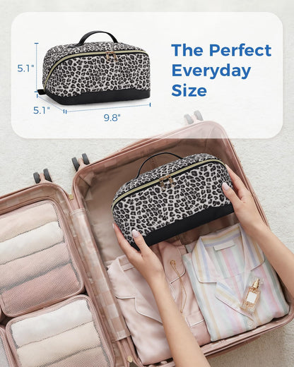 Makeup Bag for Women, Open Flat Puffy Organizer with Wipe-Clean PVC Lining