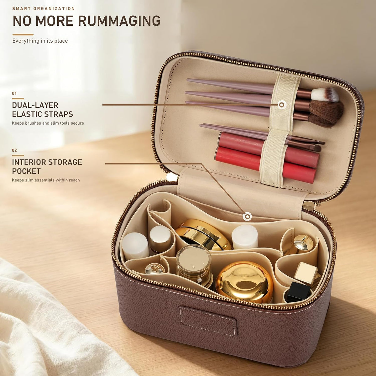 Makeup Bag Travel Toiletry Leather Cosmetic Case, Waterproof Makeup Organizer with Brush Holder, Wipe Clean Removable Divider Vanity Train Bag for Women, Brown Coffe