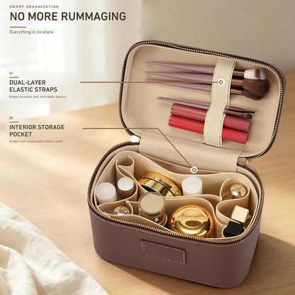 Makeup Bag Travel Toiletry Leather Cosmetic Case, Waterproof Makeup Organizer with Brush Holder, Wipe Clean Removable Divider Vanity Train Bag for Women, Brown Coffe