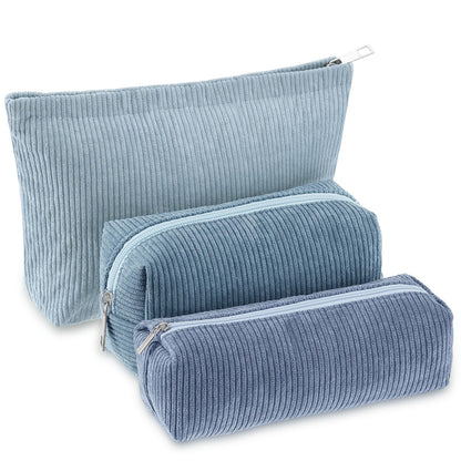 Huhumy 3 Pcs Corduroy Makeup Bag Set for Women, Pink, Solid Style