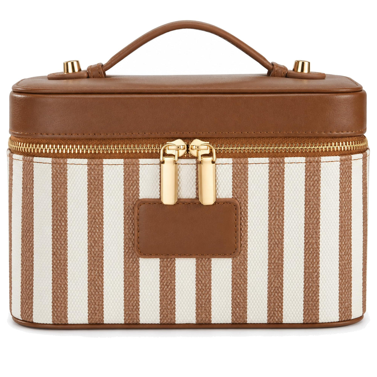 Makeup Bag Travel Toiletry Leather Cosmetic Case, Waterproof Makeup Organizer with Brush Holder, Wipe Clean Removable Divider Vanity Train Bag for Women, Brown Coffe