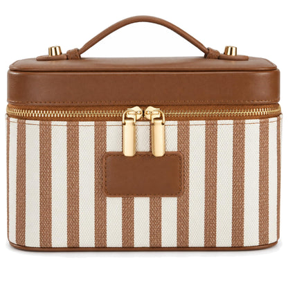Makeup Bag Travel Toiletry Leather Cosmetic Case, Waterproof Makeup Organizer with Brush Holder, Wipe Clean Removable Divider Vanity Train Bag for Women, Brown Coffe