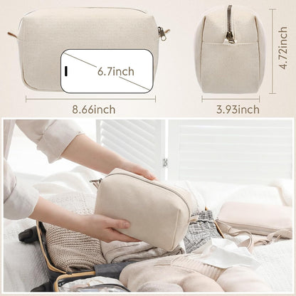 Canvas Makeup Bag for Women Beige Cosmetic Pouch with Zipper