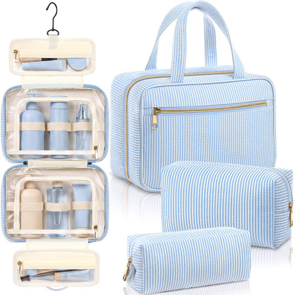 Sanwuta 3 Pcs Seersucker Toiletry Bag Set Stripe Makeup Bag, Rose Red