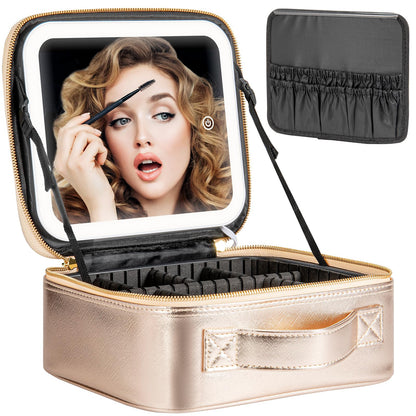 Extrei Gent Makeup Travel Train Case with Mirror LED Light 3 Adjustable Brightness Large Cosmetic Bag Portable Storage Adjustable Partition Waterproof Makeup Brushes Make up Jewelry Gift for Women