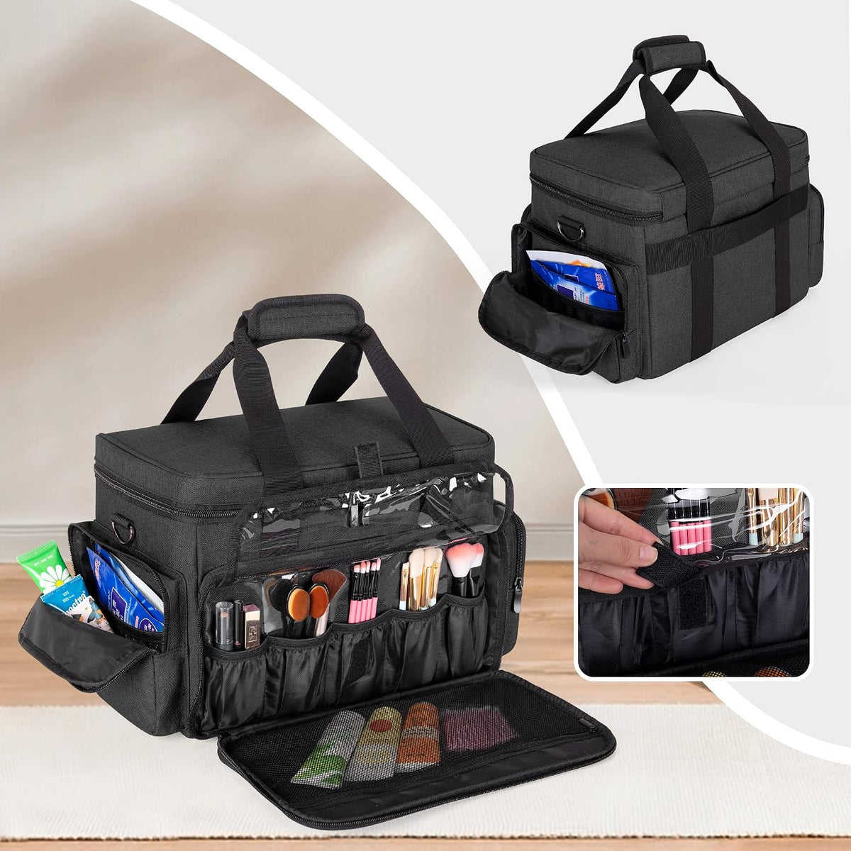 BAFASO Makeup Bag with 2 Removable Pouches and Detachable Dividers, Black