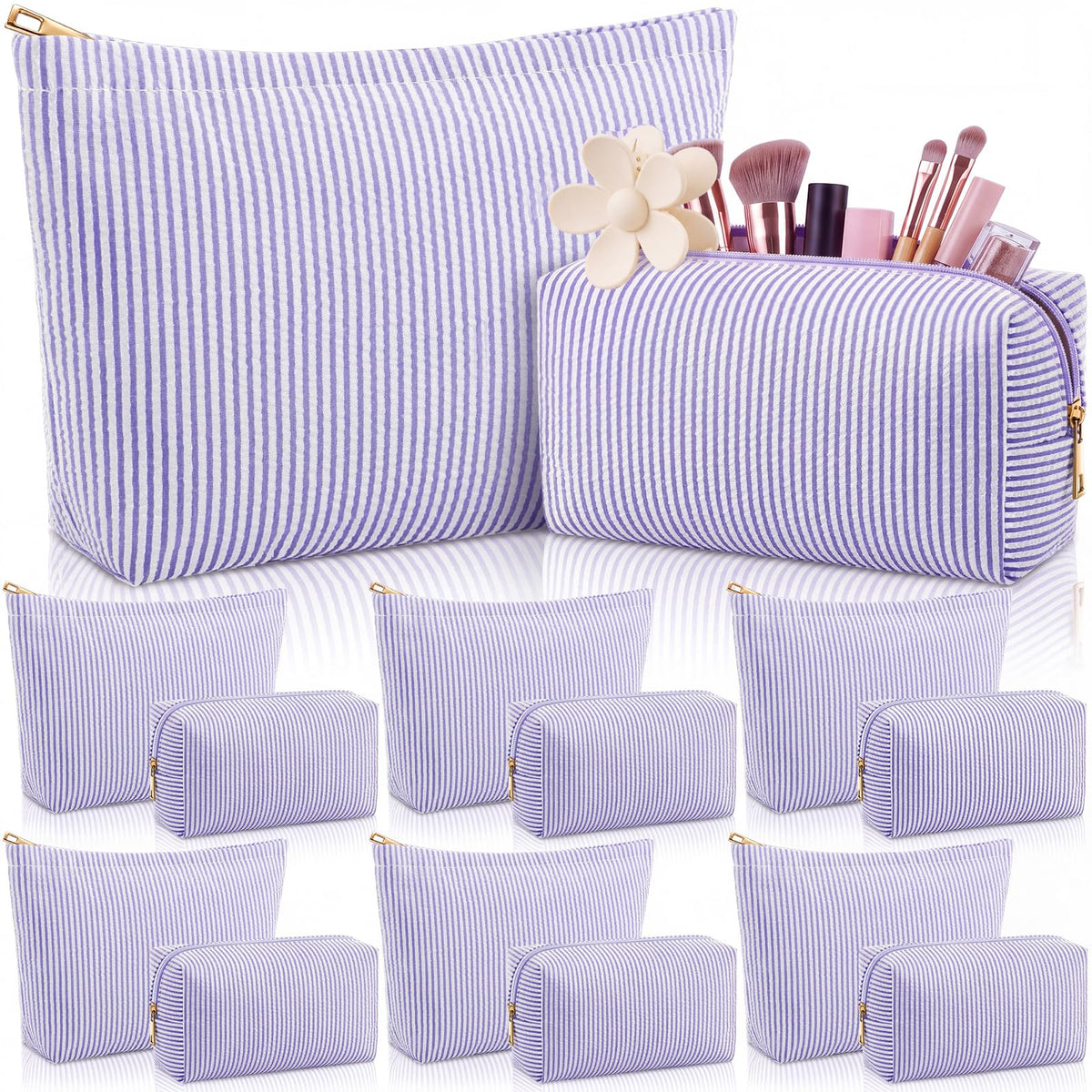 Huhumy 12 Pcs Seersucker Makeup Bags for Woman Striped, 6 Colors