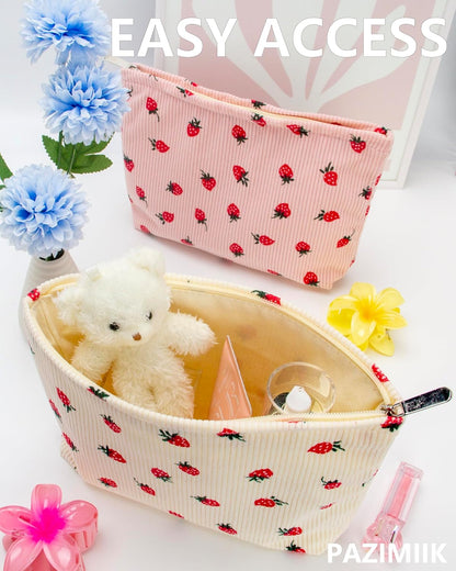 Flat Makeup Bag for Women,Zipper Cosmetic Pouch for Purse,Strawberry Beige