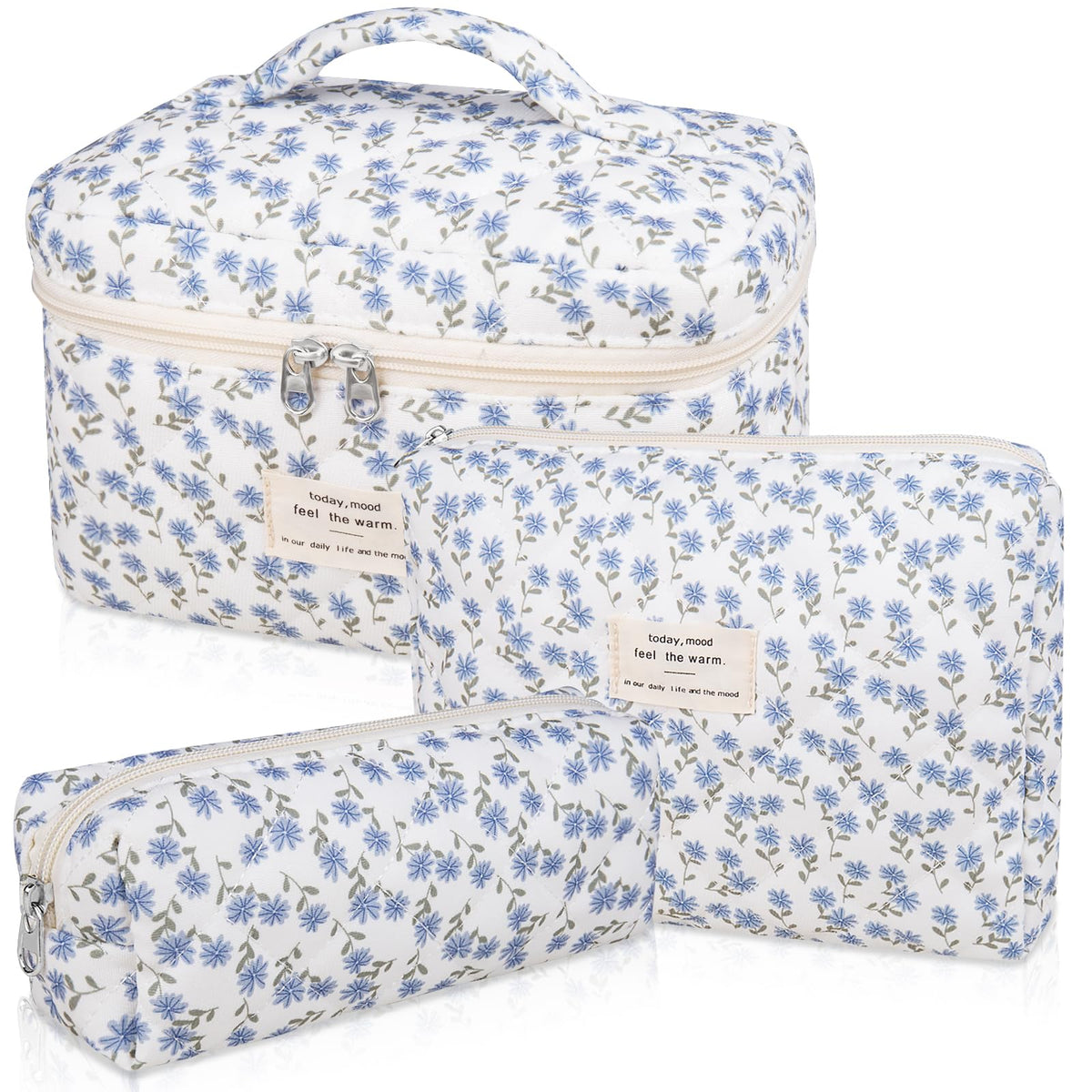 Gosect Makeup Bag Set, Quilted Makeup Bags, Large Floral Cosmetic Bag for Women, Cute Cotton Makeup Bags, Flower Travel Toiletry Organizer Bag (Folk Style)