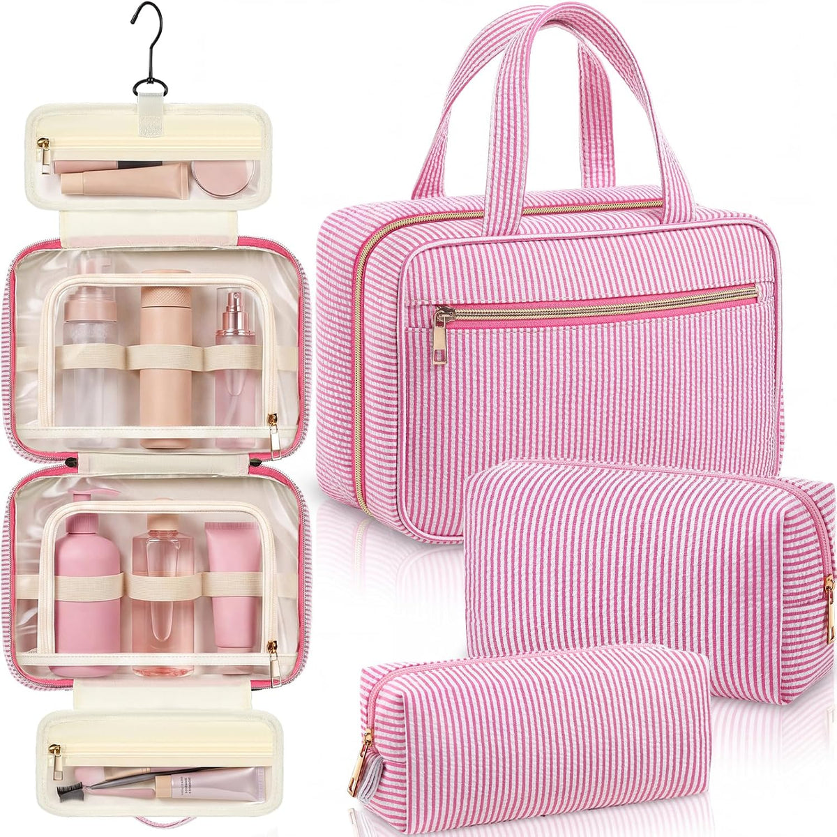 Sanwuta 3 Pcs Seersucker Toiletry Bag Set Stripe Makeup Bag, Rose Red