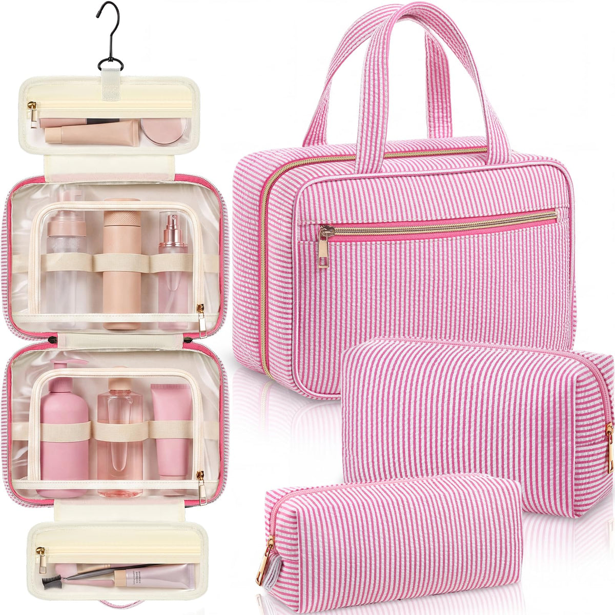 Sanwuta 3 Pcs Seersucker Toiletry Bag Set Stripe Makeup Bag, Rose Red