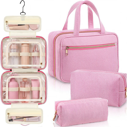 Sanwuta 3 Pcs Seersucker Toiletry Bag Set Stripe Makeup Bag, Rose Red