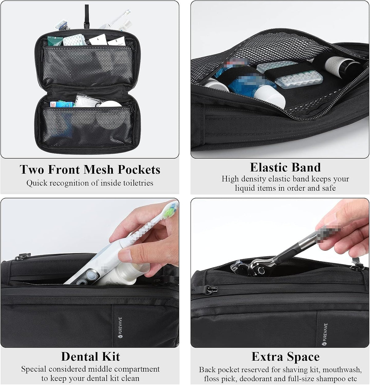 Purevave Compact Mens Toiletry Travel Bag Hanging, Mens Dopp Kit for Travel Waterproof, Wash Pouch Black