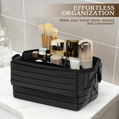 Minoisome Travel Makeup Bag,PU leather toiletry bag,make up organizer case for women,Large Capacity Cosmetic Bag,Wide-open Pouch Purse，Toiletries Accessories，Fold-Down Design and Adjustable Dividers.