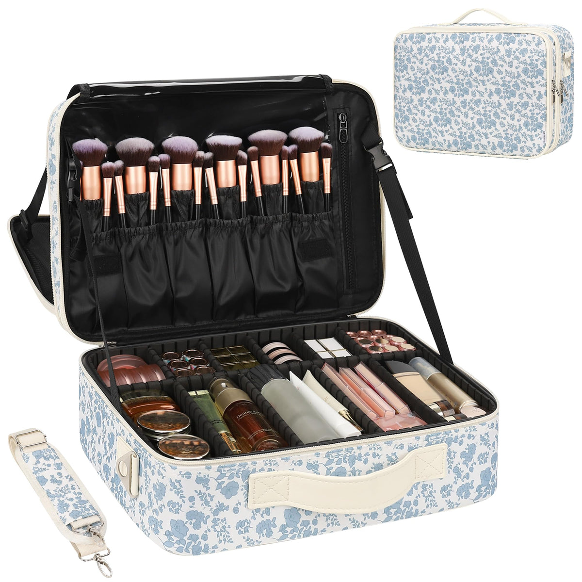 Relavel Makeup Case Large Makeup Bag Professional Train Case Travel Cosmetic Organizer Brush Holder Waterproof Makeup Artist Storage Box, 3 Layer Large Capacity, with Adjustable Strap, Rose Pink