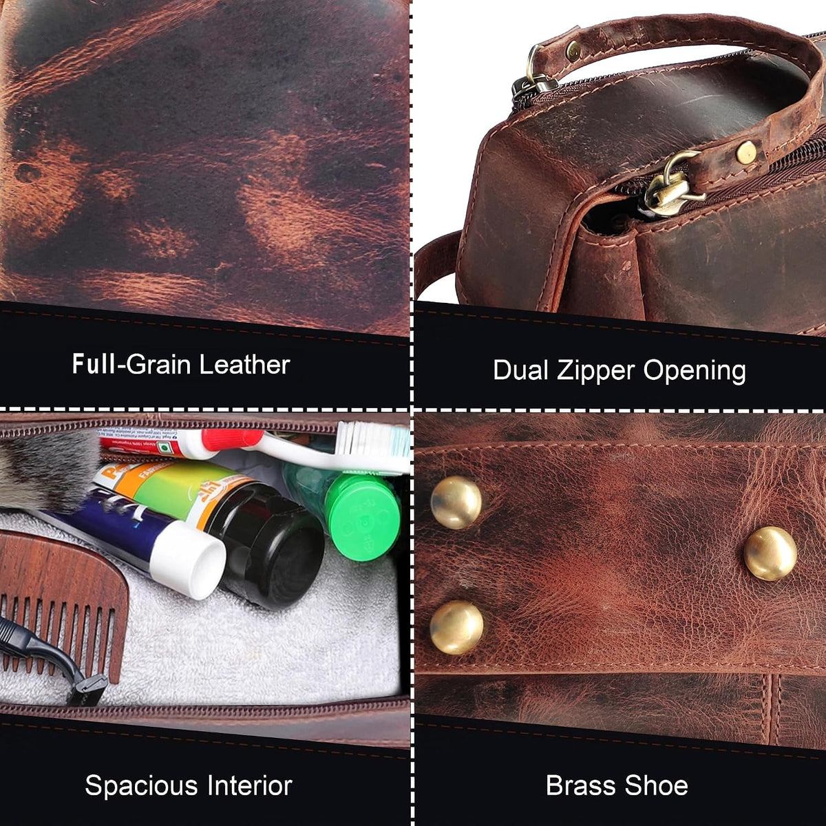 Leather Toiletry Bag for Men - Full Grain Travel Dopp Kit & Shaving Bag