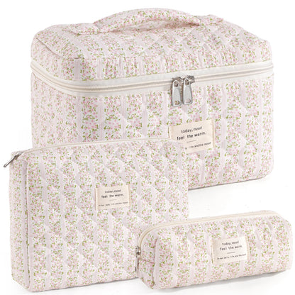 Makeup Bag for Women Quilted Cotton Make Up Bag Travel Cosmetic Bag Large Makeup Bag Cute Makeup Bags Organizer Floral Toiletry Bag Makeup Pouch for Purse, Pink Floral A-1PCS