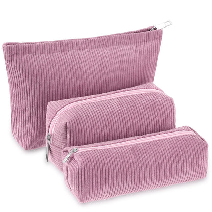Huhumy 3 Pcs Corduroy Makeup Bag Set for Women, Pink, Solid Style