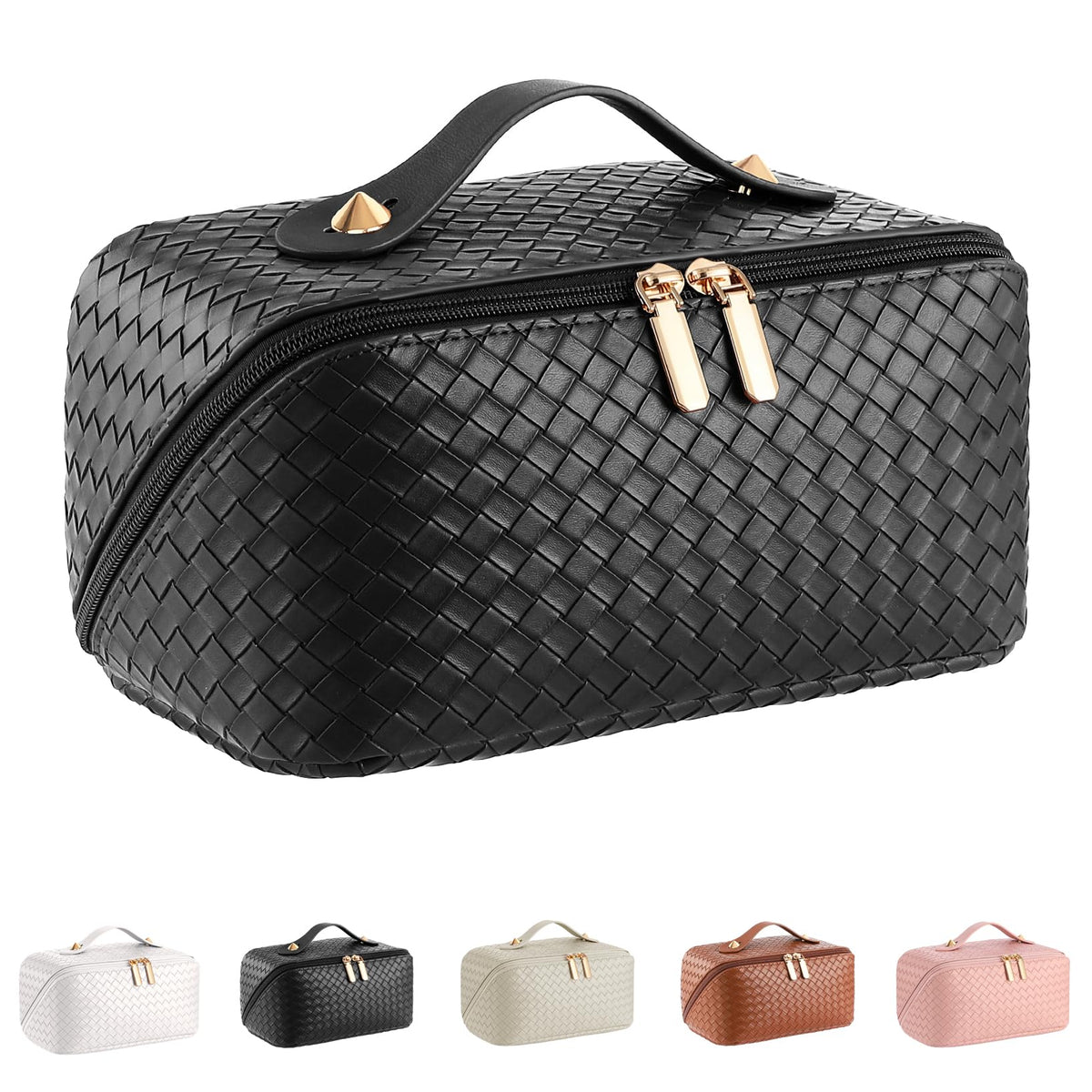 ALEXTINA Travel Makeup Bag, Woven PU Leather Cosmetic Bag, Khaki
