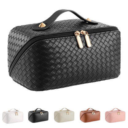ALEXTINA Travel Makeup Bag, Woven PU Leather Cosmetic Bag, Khaki
