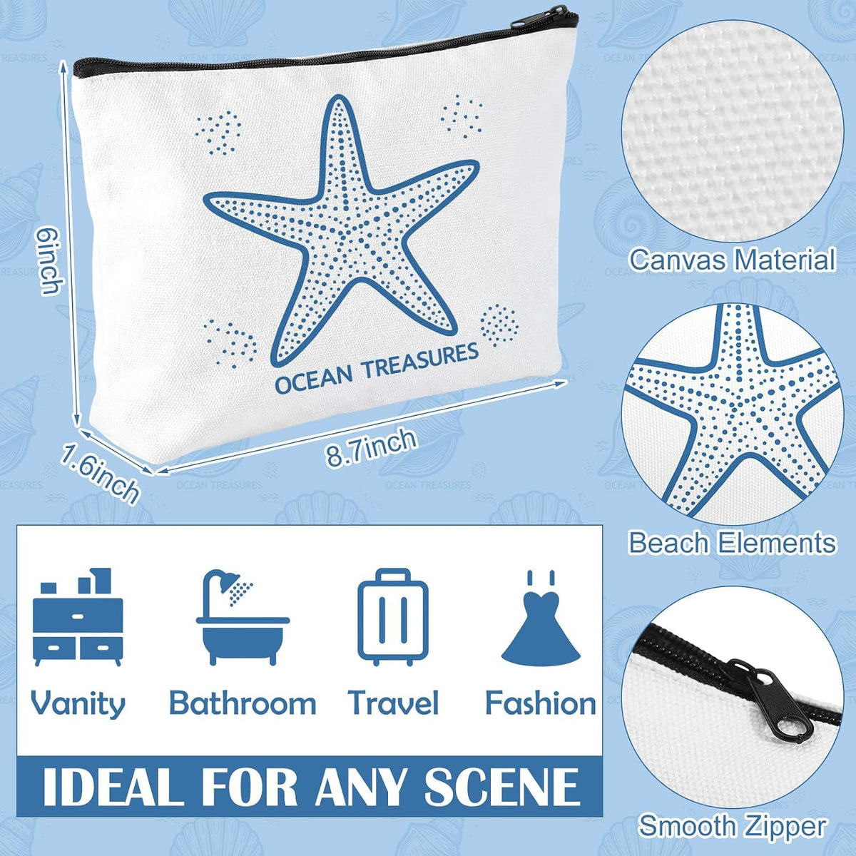 4 Pcs Coastal Cosmetic Bag Beach Ocean Themed Makeup Pouch,Simple
