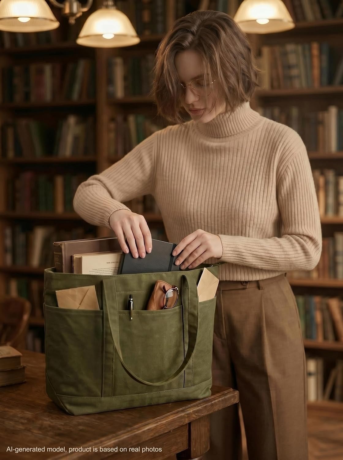 Large Canvas Tote Bag with Zipper, Multi Pockets for Work Travel