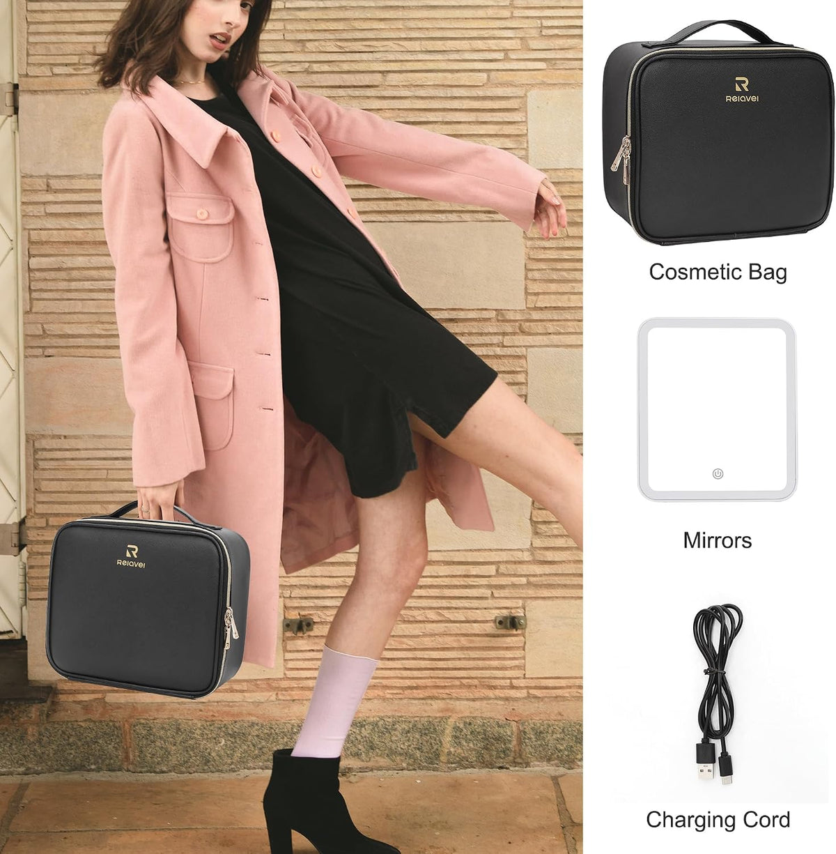 Relavel Travel Makeup Bag With LED Mirror, Cosmetic Train Case with Light up Mirror, Portable Makeup Artist Organizer Bag with Adjustable Dividers, Makeup Brush Holder Storage, Black