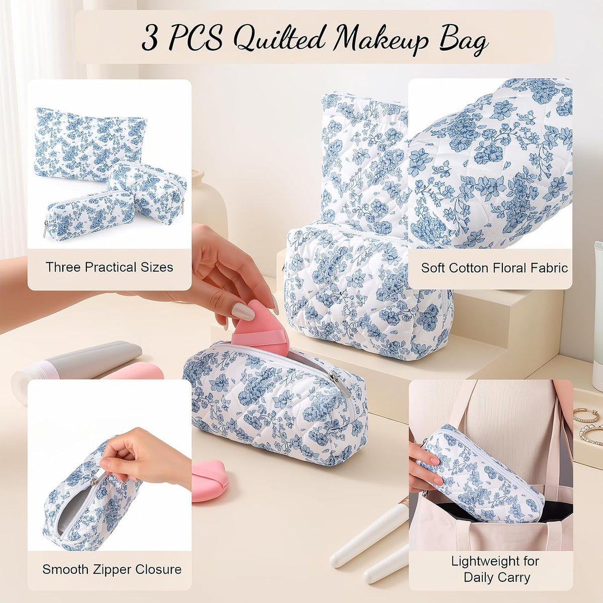 3 Pack Quilted Makeup Bag Floral Toiletry Bag for Traveling Women Girls