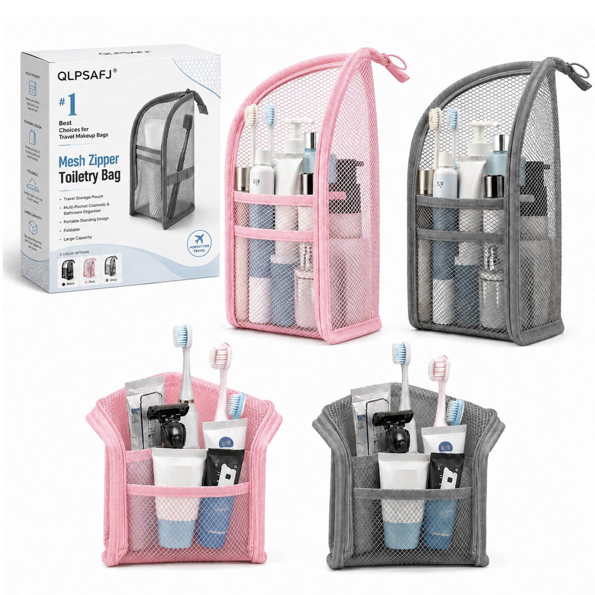 Mesh Zipper Toiletry Bag for Travel Storage Pouch Multi-pocket Travel Cosmetic Bathroom Count Hanging Organizer Portable Standing Makeup Foldable Clear Waterproof EVA Large Capacity(2pc-c)