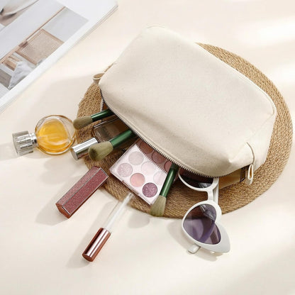 Canvas Makeup Bag for Women Beige Cosmetic Pouch with Zipper