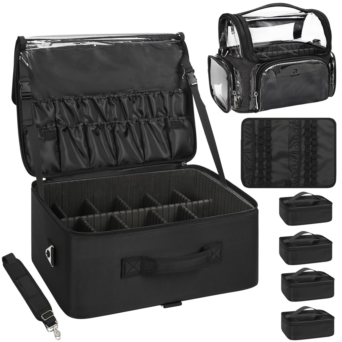 Relavel Rolling Makeup Case, Professional Makeup Artist Set Bag Cosmetic Organizer with 4 Clear Bags & Adjustable Dividers, Large Capacity Travel Train Case, Black