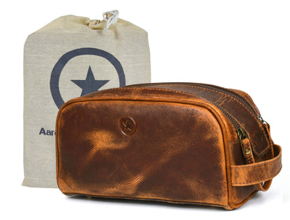 10" Premium Leather Toiletry Travel Pouch With Waterproof Lining | King-Size Handcrafted Vintage Dopp - Kit By Aaron Leather Goods (Dark Brown)