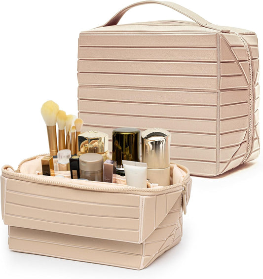 Minoisome Travel Makeup Bag,PU leather toiletry bag,make up organizer case for women,Large Capacity Cosmetic Bag,Wide-open Pouch Purse，Toiletries Accessories，Fold-Down Design and Adjustable Dividers.