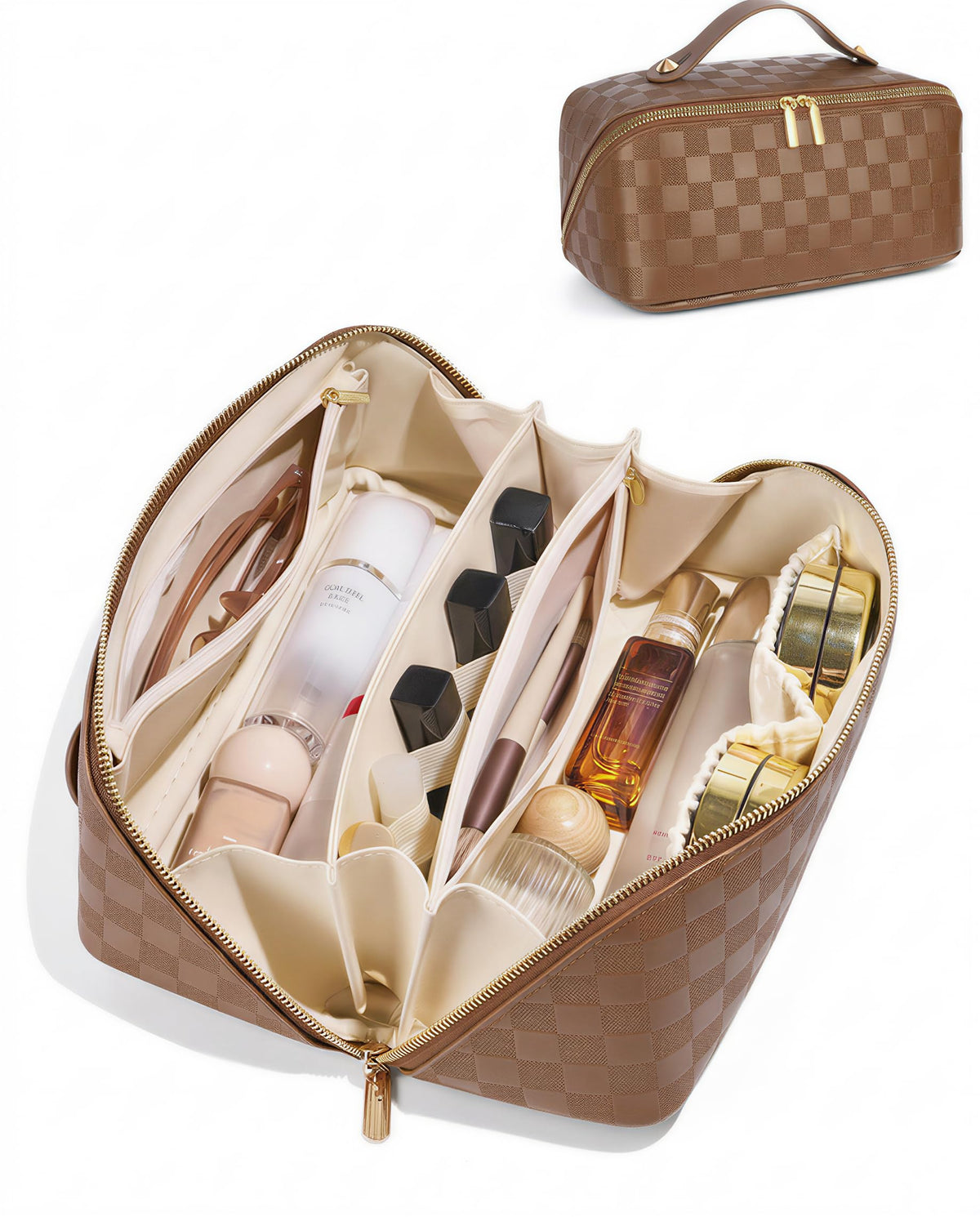 ALEXTINA Travel Makeup Bag, Woven PU Leather Cosmetic Bag, Khaki