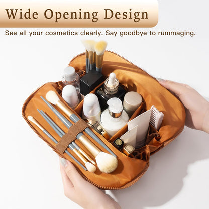 Minoisome Travel Makeup Bag,PU leather toiletry bag,make up organizer case for women,Large Capacity Cosmetic Bag,Wide-open Pouch Purse，Toiletries Accessories，Fold-Down Design and Adjustable Dividers.