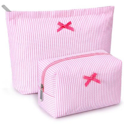 Huhumy 2 Pcs Makeup Bag Set for Women, Khaki, Thin Stripe