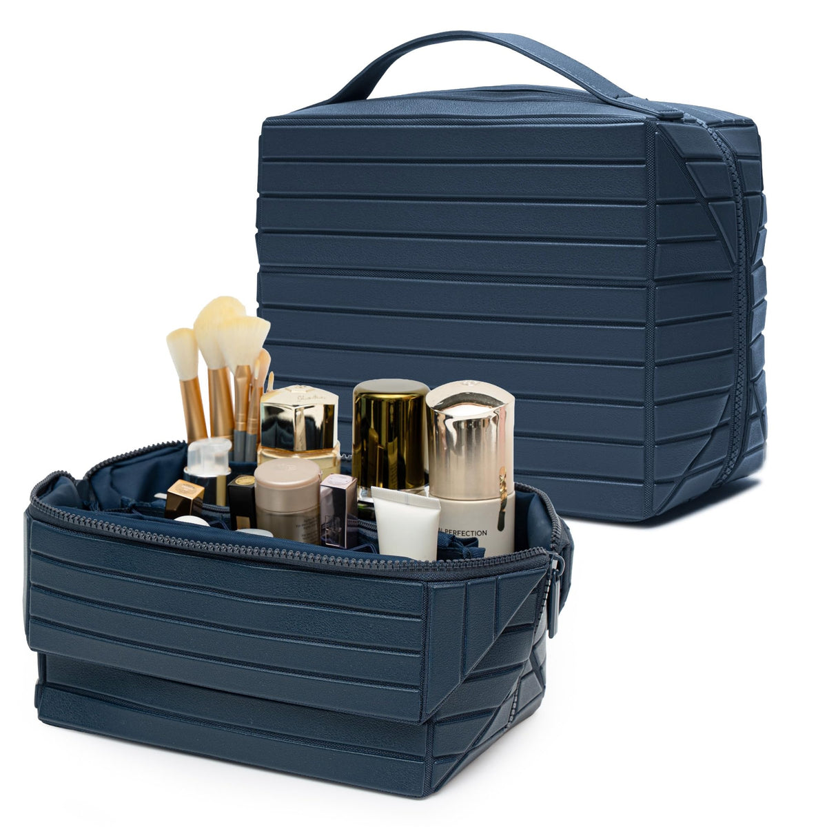 Minoisome Travel Makeup Bag,PU leather toiletry bag,make up organizer case for women,Large Capacity Cosmetic Bag,Wide-open Pouch Purse，Toiletries Accessories，Fold-Down Design and Adjustable Dividers.