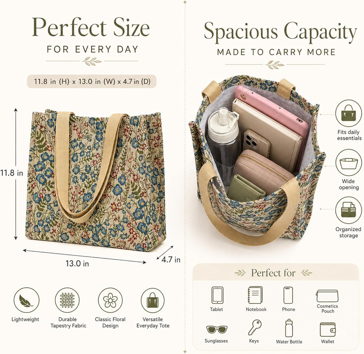 Canvas Tote Bag for Women, Floral Reusable Shoulder Bag Ladies Cute Cloths Handbags for Work Travel